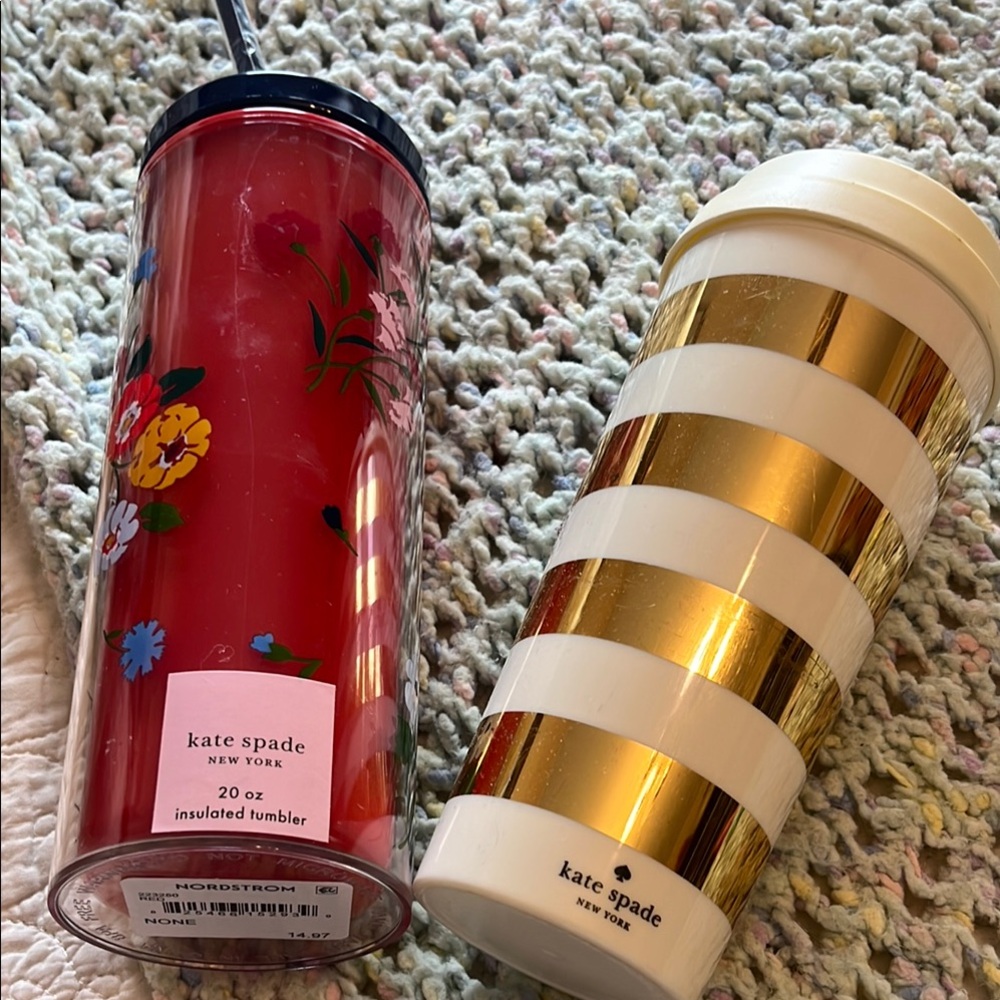 New- Kate Spade Red Floral and Gold Striped Tumblers